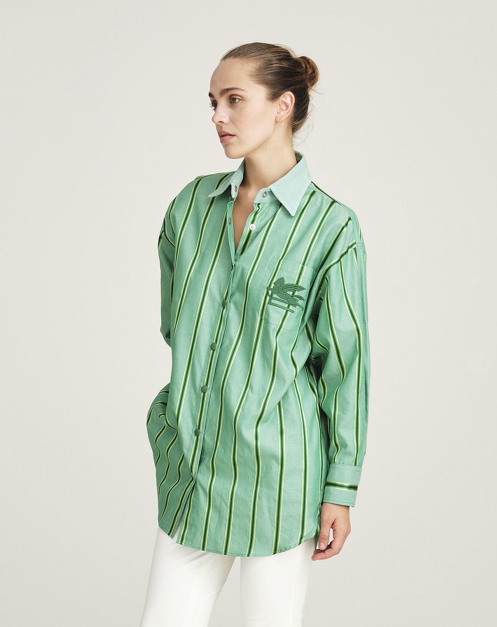 Etro - Oversized Embridered Green Striped Cotton And Silk Blend Shirt IT38